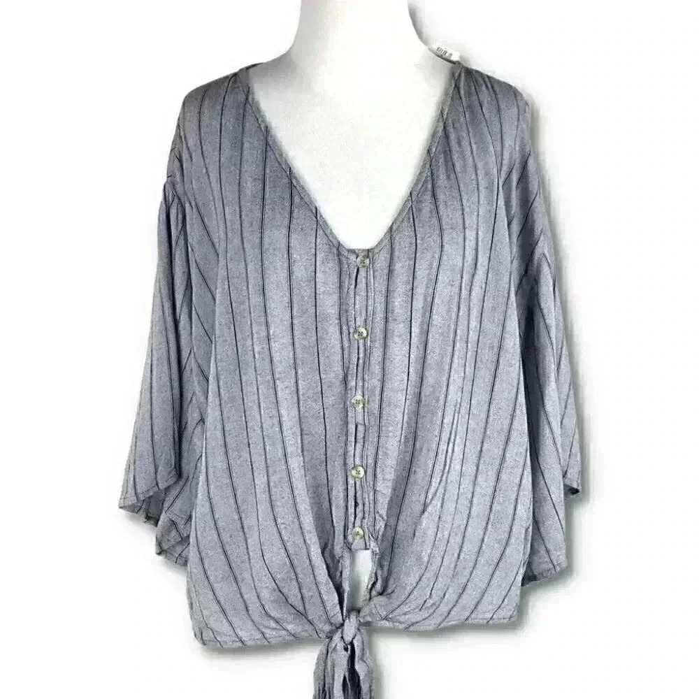 Blue rain Womens top size M blue striped v-neck boho peasant - Picture 10 of 10